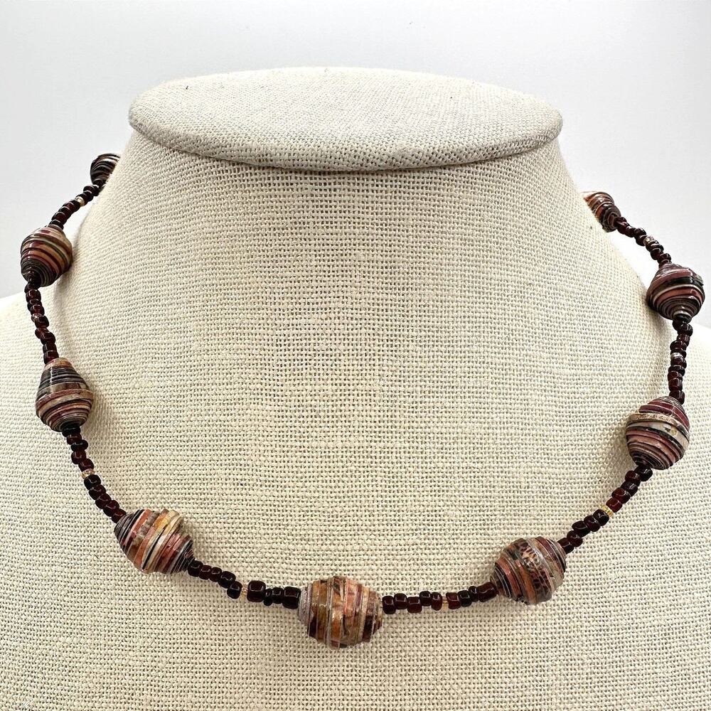 Vintage 90s Boho Recycled Rolled Paper Seed Beaded Necklace Statement Jewelry